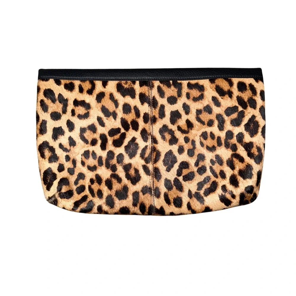 Talbots Foldover Clutch Women OS‎ Black Leopard New Leather Calf Hair Bag